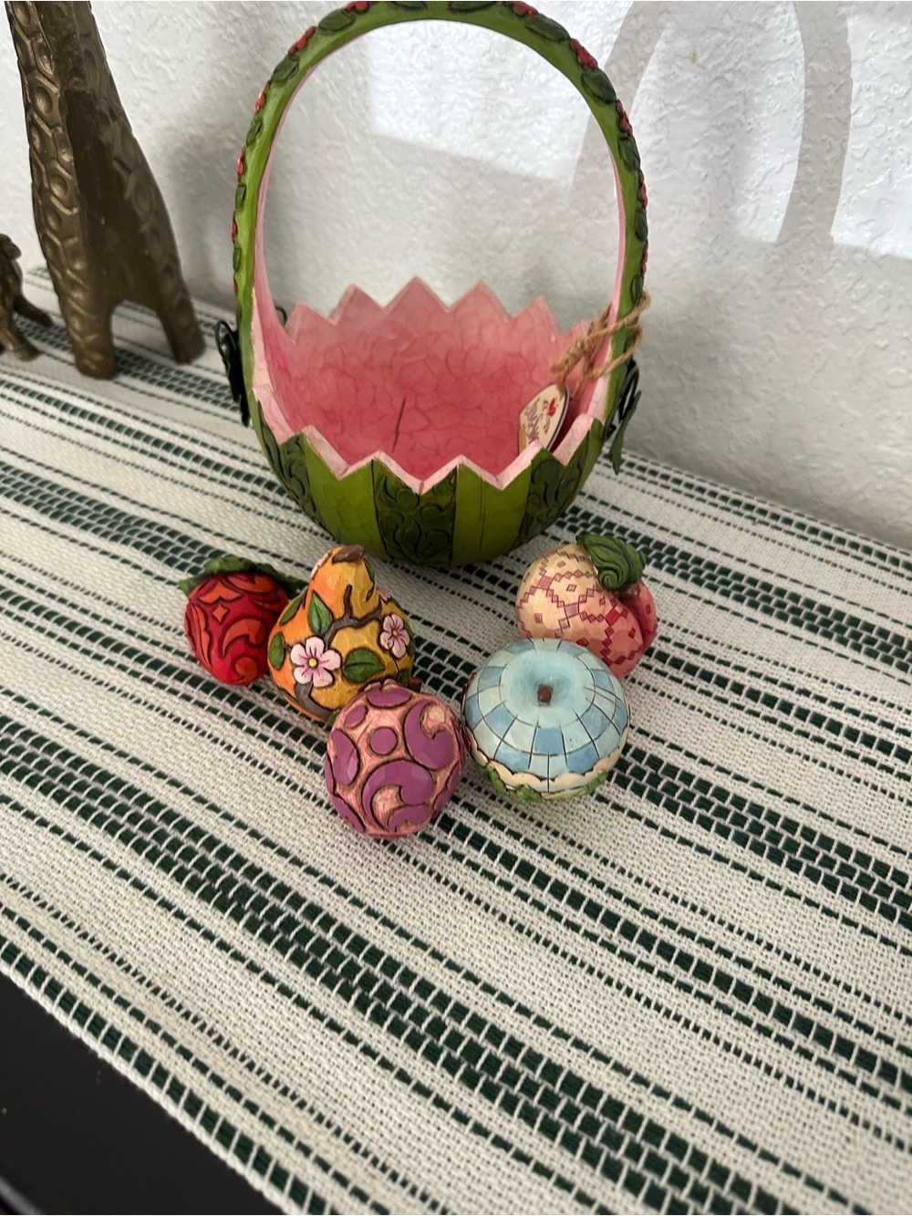 Jim Shore Green and Pink Hand-Painted Basket with Multicolor Fruit Ornaments